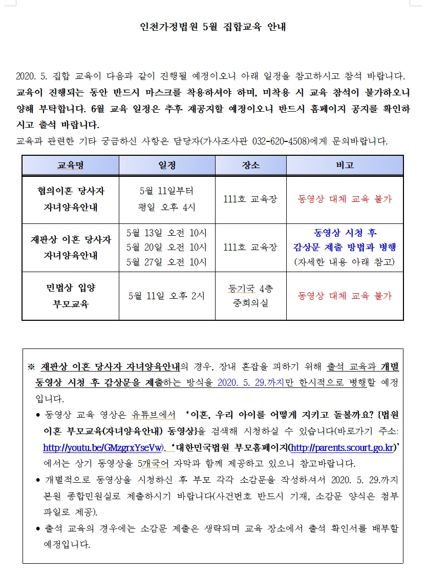 인천가정법원 집합교육 안내
