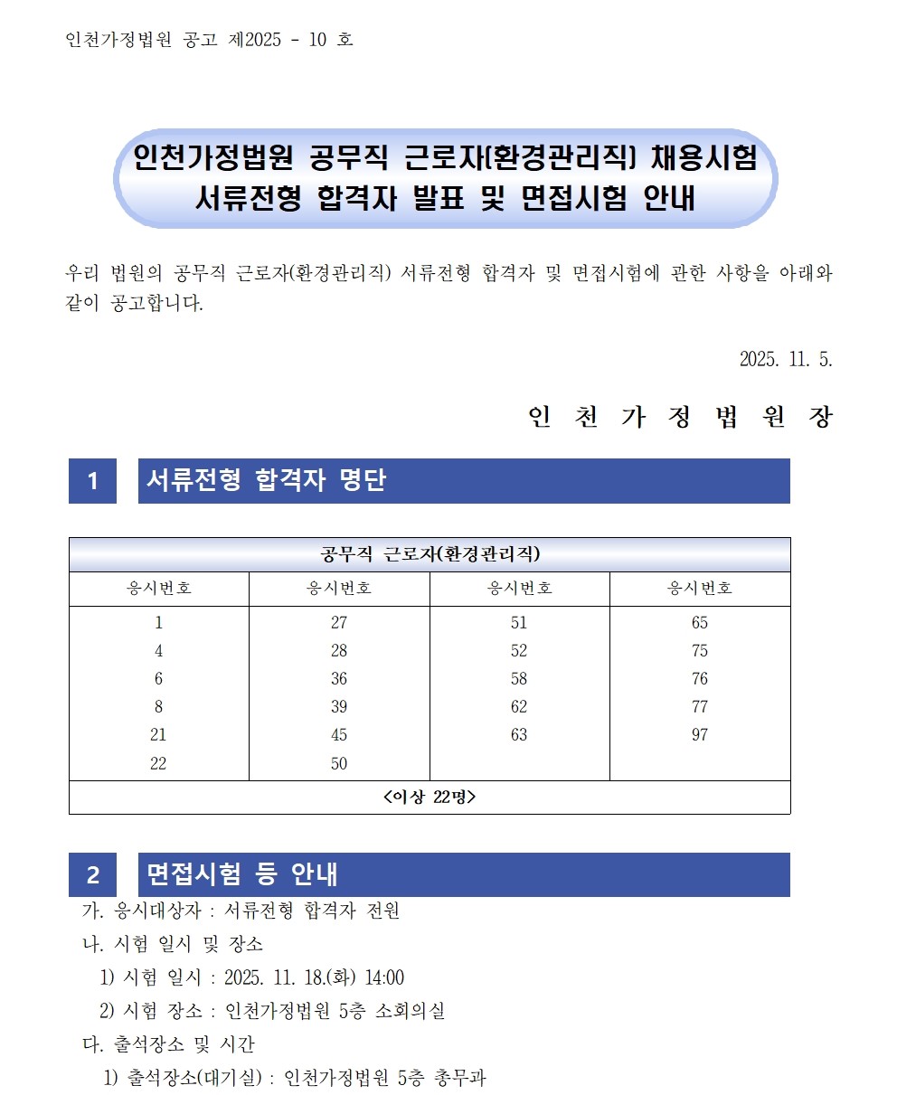 °ø¹«Á÷ ±Ù·ÎÀÚ(ȯ°æ°ü¸®Á÷) ä¿ë½ÃÇè ¼·ùÀüÇü ÇÕ°ÝÀÚ ¹ßÇ¥ ¹× ¸éÁ¢½ÃÇè ¾È³» °ø°í °ø¹«Á÷ ±Ù·ÎÀÚ(ȯ°æ°ü¸®Á÷) ä¿ë½ÃÇè ¼·ùÀüÇü ÇÕ°ÝÀÚ ¹ßÇ¥ ¹× ¸éÁ¢½ÃÇè ¾È³» °ø°í